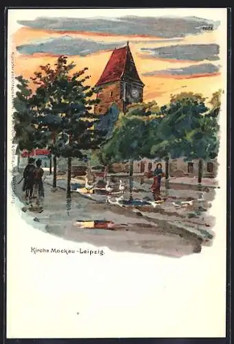 Lithographie Mockau-Leipzig, Kirche mit Strassenpartie