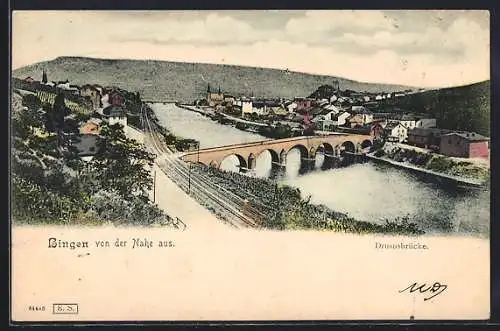 AK Bingen / Rhein, Teilansicht mit Drususbrücke von der Nahe aus