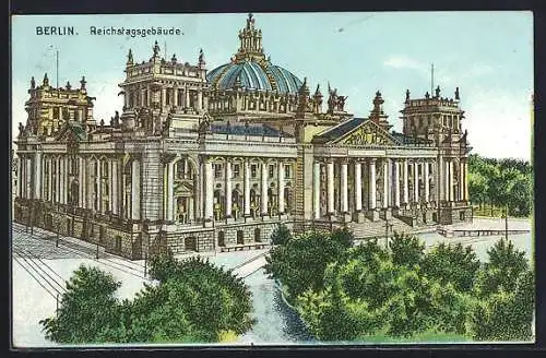 Künstler-AK Berlin-Tiergarten, Reichstagsgebäude aus der Vogelschau