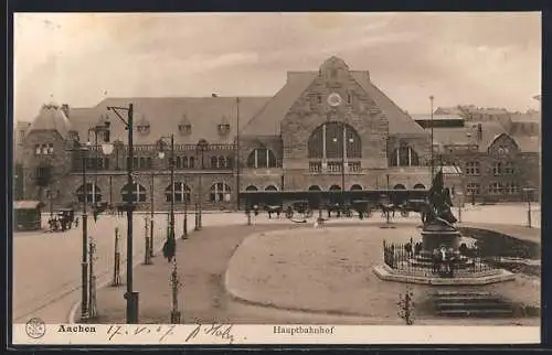 AK Aachen, Hauptbahnhof mit Denkmal