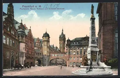 AK Alt-Frankfurt, Paulsplatz, Neues Rathaus und Einheits-Denkmal