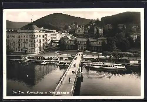 AK Bad Ems, Uferpartie mit Hotel Römerbad aus der Vogelschau