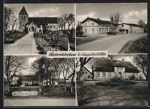 AK Rabenkirchen b. Kappeln, Kirche mit Friedhof, Strassenpartie, Ortspartie