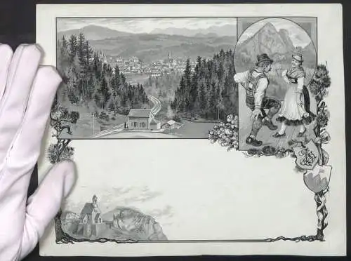 Handzeichnung / Ansichtskarten-Entwurf Miesbach / Obb., Trachten Paar beim Schuhplattlern, Bahnhof, Blick zur Stadt