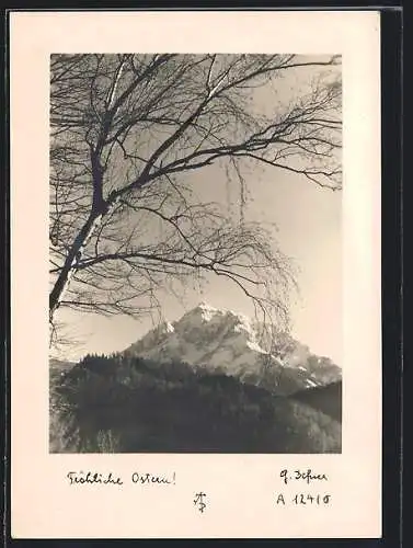 Foto-AK Adalbert Defner: Ostergruss, Schneebedeckter Berggipfel