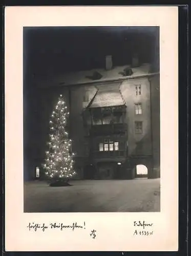 Foto-AK Adalbert Defner: Geschmückter Weihnachtsbaum bei Nacht