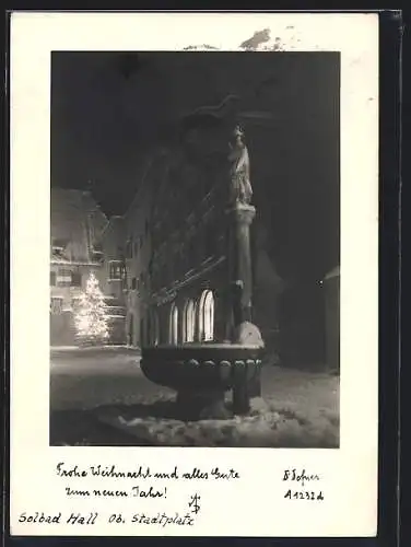 Foto-AK Adalbert Defner: Leuchtender Weihnachtsbaum in der nächtlichen Stadt, Frohe Weihnachten