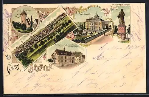 Lithographie Bretten, Villa Schmidt, Melanchton Denkmal, Simelturm, Rathaus & Melanchtons Geburtshaus, Ortsansicht