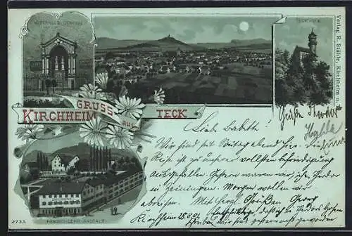 Mondschein-Lithographie Kirchheim /Teck, Handels-Lehranstalt, Widerhold-Denkmal, Teckthurm und Totalansicht