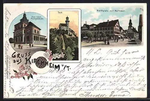 Lithographie Kirchheim u. T., Marktplatz mit Rathaus, neues Postgebäude und Teck