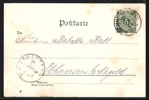 Lithographie Kirchheim u. T., Marktplatz mit Rathaus, neues Postgebäude und Teck