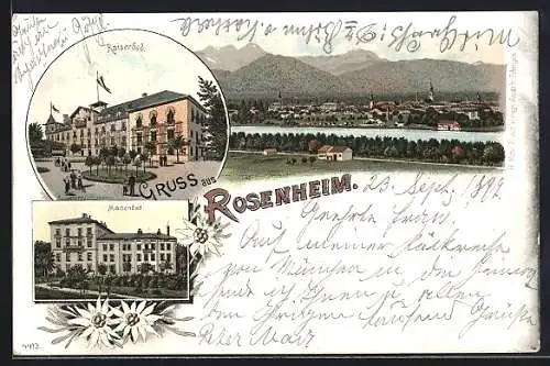 Lithographie Rosenheim, Totalansicht, Kaiserbad, Marienbad