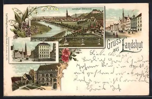 Lithographie Landshut / Isar, Strassenpartien mit Geschäften, Ortsansicht