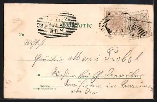 Lithographie Landshut / Isar, Strassenpartien mit Geschäften, Ortsansicht