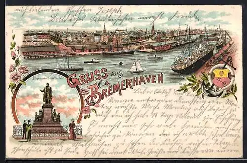 Lithographie Bremerhaven, Bürgermeister Smidt-Denkmal, Panorama mit Segelschiffen