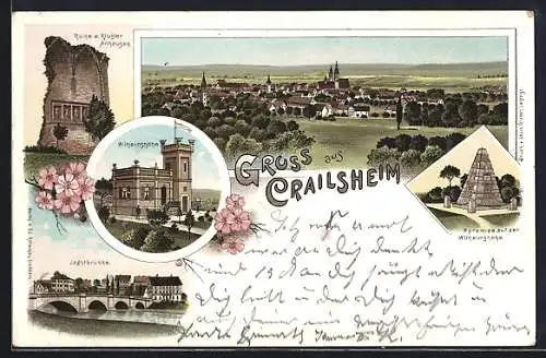 Lithographie Crailsheim, Ortsansicht, Ruine von Kloster Anhausen, Wilhelmshöhe und Pyramide, Jagstbrücke