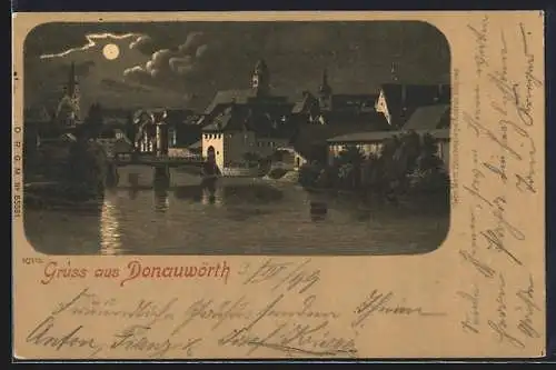 Mondschein-Lithographie Donauwörth, Teilansicht mit Flusspartie