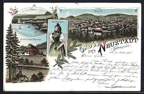 Lithographie Neustadt i. Schwarzwald, Schwarzwälder Bauernhaus, Titisee, Schwarzwälderin