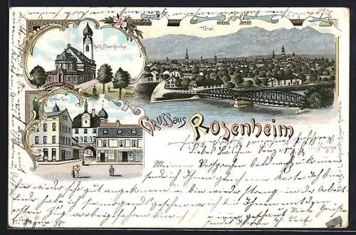Lithographie Rosenheim / Bayern, Totalansicht mit Katholischer Pfarrkirche und Mitter-Thor