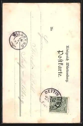 Lithographie Urach, Marktbrunnen, Lichtenstein und Hoheneuffen