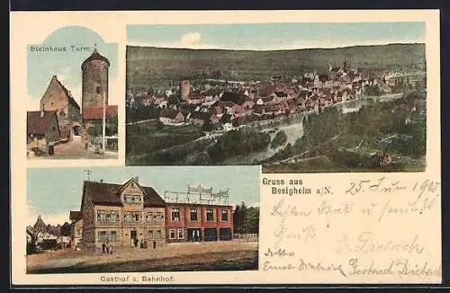 AK Besigheim a. N., Gasthof zum Bahnhof, Steinhaus Turm, Totalansicht