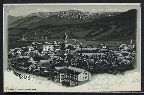 Mondschein-Lithographie Immenstadt, Ortsansicht mit Bergpanorama