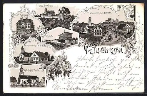 Lithographie Illertissen, kath. und evang. Kirche, Bahnhof, Rathaus und Schloss
