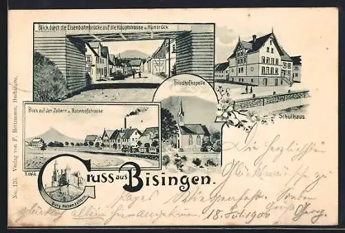 AK Bisingen, Bahnhofstrasse, Schulhaus, Blick durch die Eisenbahnbrücke, Friedhofkapelle