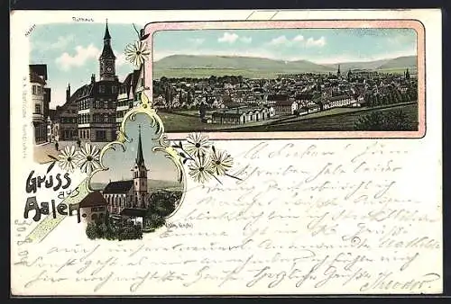 Lithographie Aalen, Rathaus, Kath. Kirche und Totalansicht