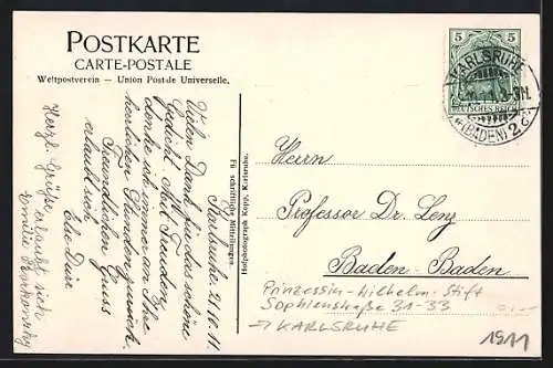 AK Karlsruhe, Prinzessin-Wilhelm-Stift in der Sophienstrasse 31-33