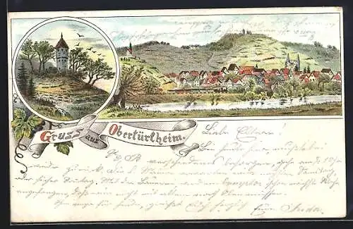 Lithographie Obertürkheim, Ortsansicht mit Flusspartie