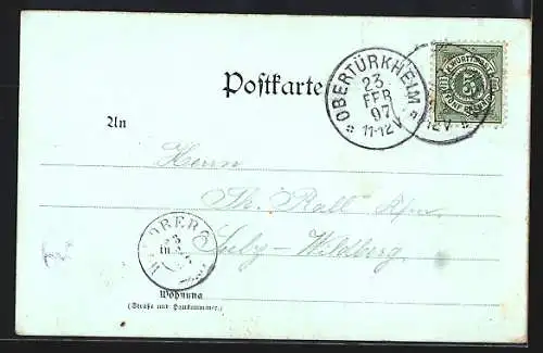 Lithographie Obertürkheim, Ortsansicht mit Flusspartie