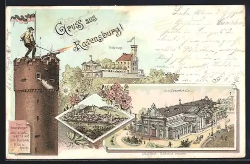 Lithographie Ravensburg, Neue Concert-Halle u. Veitsburg