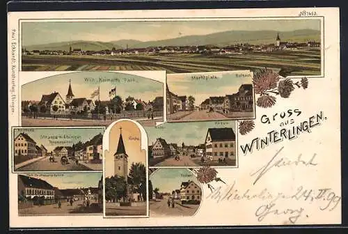 Lithographie Winterlingen, Gasthof Wilh. Keimaths Park, Marktplatz, Apotheke, Mech. Strickwarenfabrik, Postamt