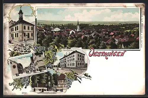 Lithographie Oestringen, Hauptstrasse, Rathaus, Schulhaus