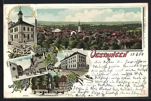 Lithographie Oestringen, Hauptstrasse, Rathaus, Schulhaus