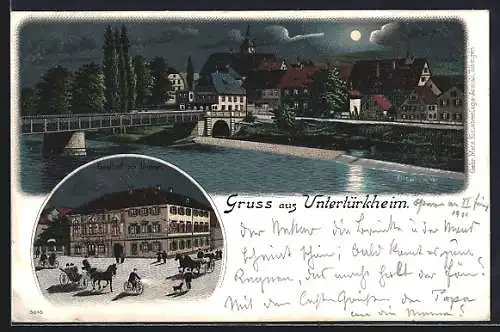 Lithographie Untertürkheim, Gasthof zur Krone, Ortsansicht