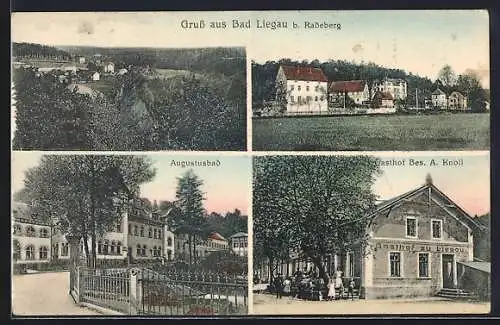 AK Bad Liegau b. Radeberg, Gasthof von A. Knoll, Augustusbad und Totalansicht