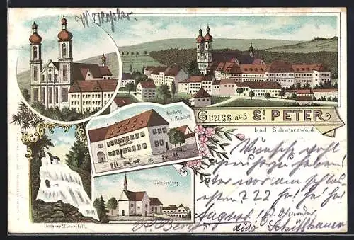 Lithographie St. Peter / Schwarzwald, Gasthaus z. Hirschen, Lindenberg, Unterer Zwerifall, Wallfahrtskirche, Teilansicht