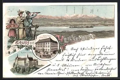 Lithographie Heiligenberg / Baden, Hotel & Pension Adler, Fürstliches Schloss, Panorama mit Insel Mainau, Mönch & Eiger