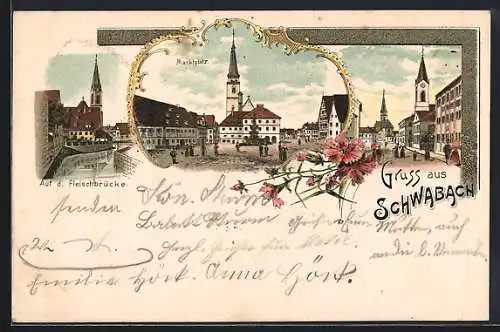 Lithographie Schwabach, Auf der Fleischbrücke, Marktplatz mit Kirche