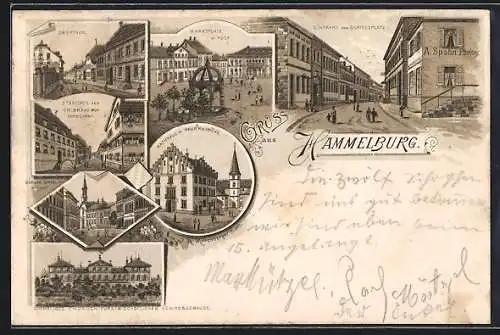 Lithographie Hammelburg, Marktplatz mit Post, Einfahrt vom Schiessplatz mit Photoatelier von A. Spahn, Obertor