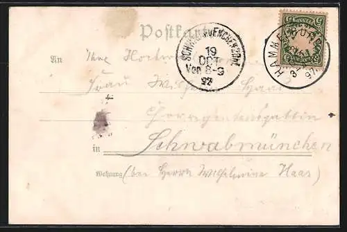 Lithographie Hammelburg, Marktplatz mit Post, Einfahrt vom Schiessplatz mit Photoatelier von A. Spahn, Obertor