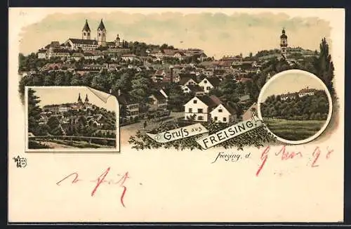 Lithographie Freising, Panoramablick auf die Ortschaft