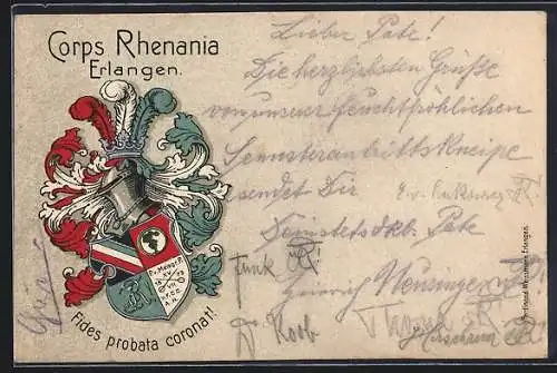 Künstler-AK Erlangen, Corps Rhenania, Studentenwappen und Ritterhelm