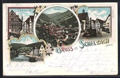 Lithographie Schiltach /Baden, Hohes Haus, Stadtbrunnen, Am Bach, Totalansicht