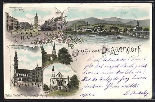 Lithographie Deggendorf, Gnadenkirche mit Kloster, Pfarrkirche, Stadtplatz