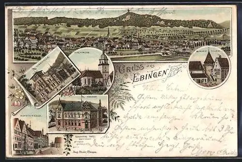 Lithographie Ebingen, Turnhalle, Marktstrasse, Evg. Kirche, Postamt, Bürger-Thurm