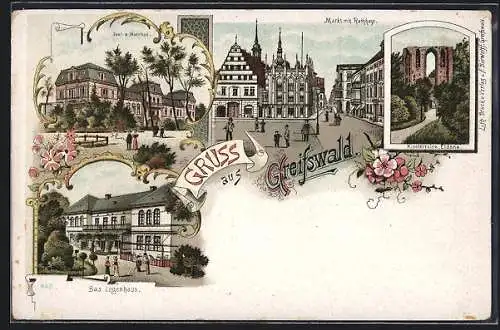 Lithographie Greifswald, Klosterruine Eldena, Sool- und Moorbad, Markt mit Rathaus