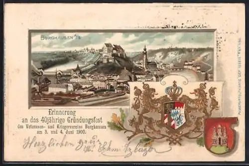 Passepartout-Lithographie Burghausen / Salzach, 40-jähriges Gründungsfest des Kriegervereins 1900, Panorama und Wappen